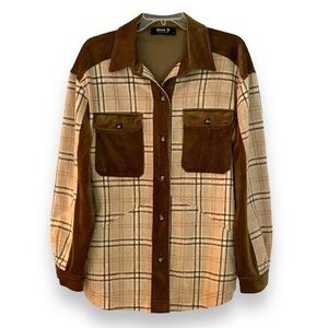 Blue B Collection Size S Oversized Plaid & Solid Brown Tones Long Sleeve Shacket
